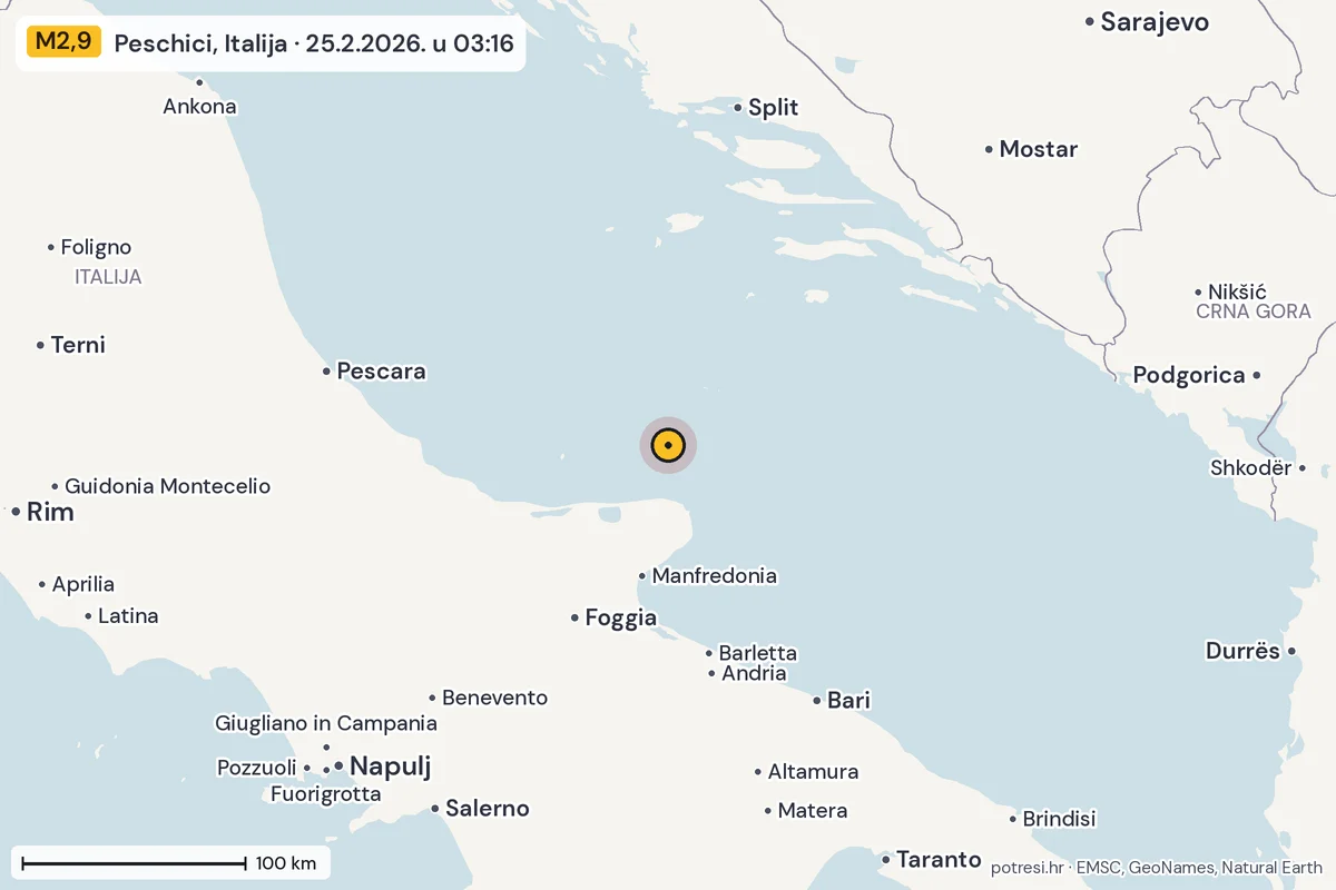 Karta: šire područje, 600 km, potres M2,9, Peschici, Italija, 25.2.2026.
