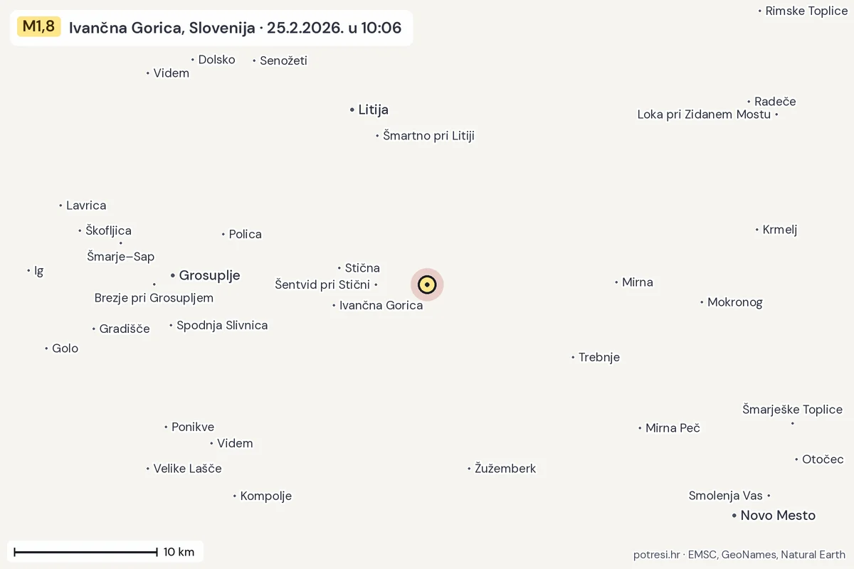 Karta: okolica epicentra, 60 km, potres M1,8, Ivančna Gorica, Slovenija, 25.2.2026.