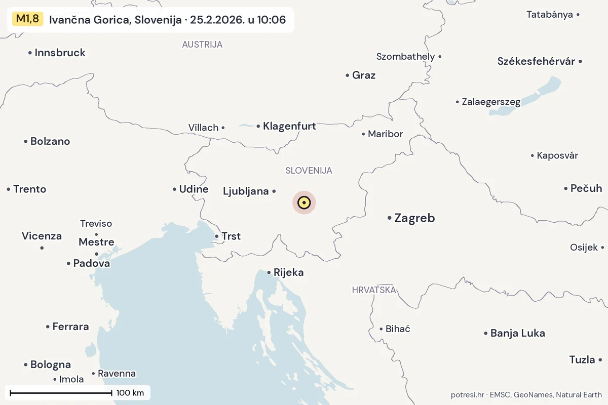 Karta: šire područje, 600 km, potres M1,8, Ivančna Gorica, Slovenija, 25.2.2026.