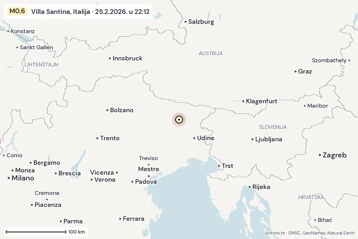 Karta: šire područje, 600 km, potres M0,6, Villa Santina, Italija, 25.2.2026.