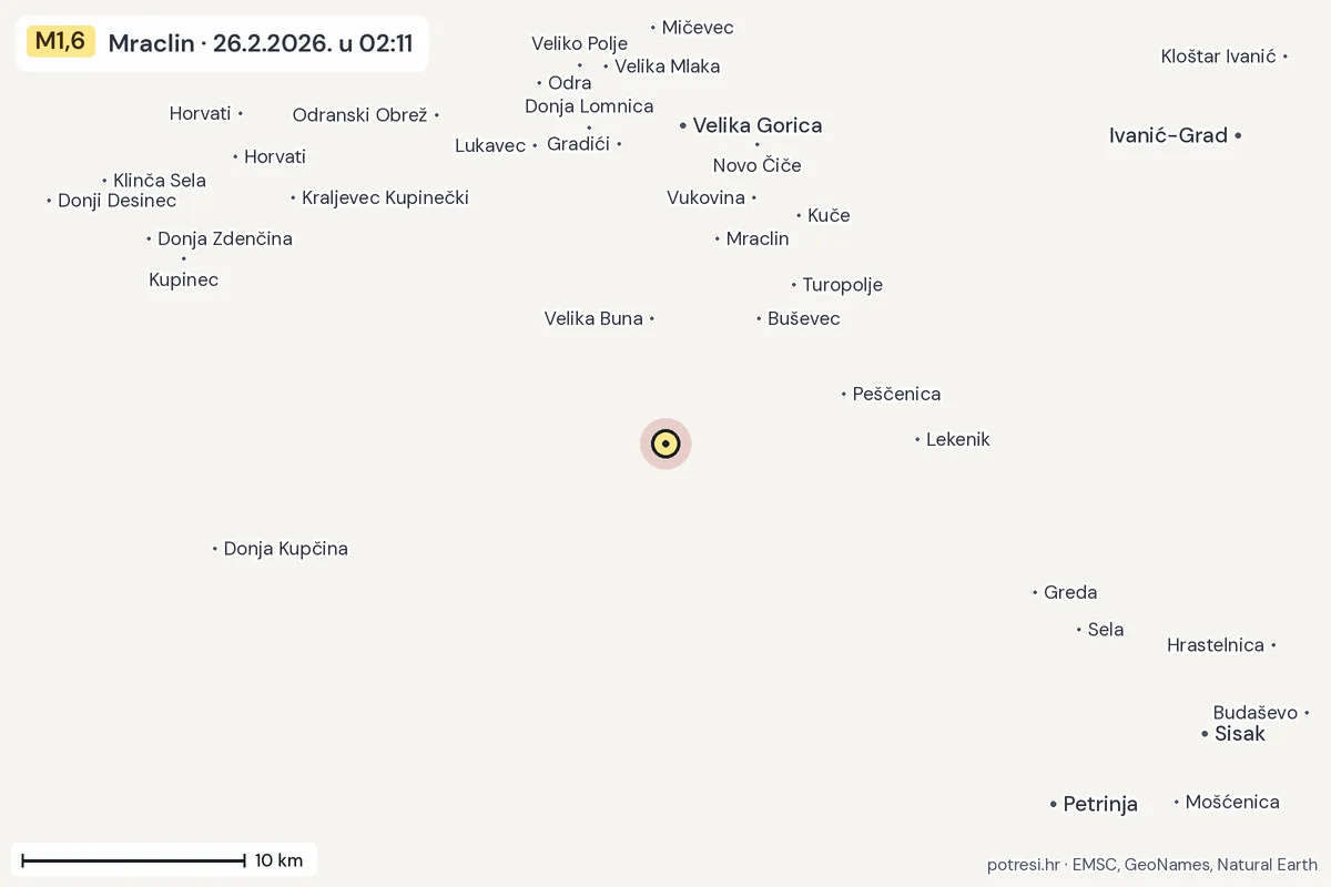 Karta: okolica epicentra, 60 km, potres M1,6, Mraclin, 26.2.2026.