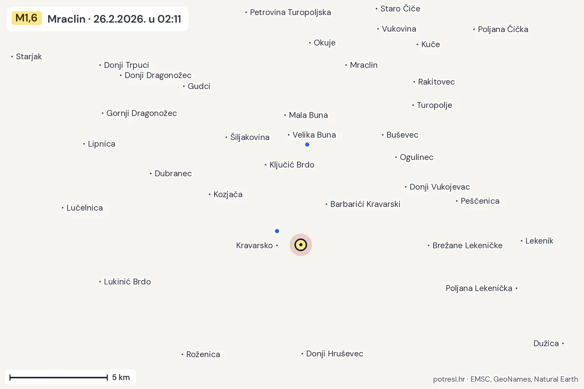 Karta: izvješća građana, potres M1,6, Mraclin, 26.2.2026.