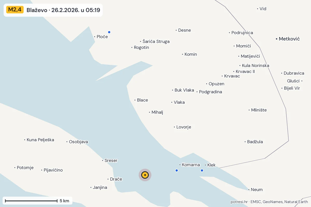 Karta: izvješća građana, potres M2,4, Blaževo, 26.2.2026.