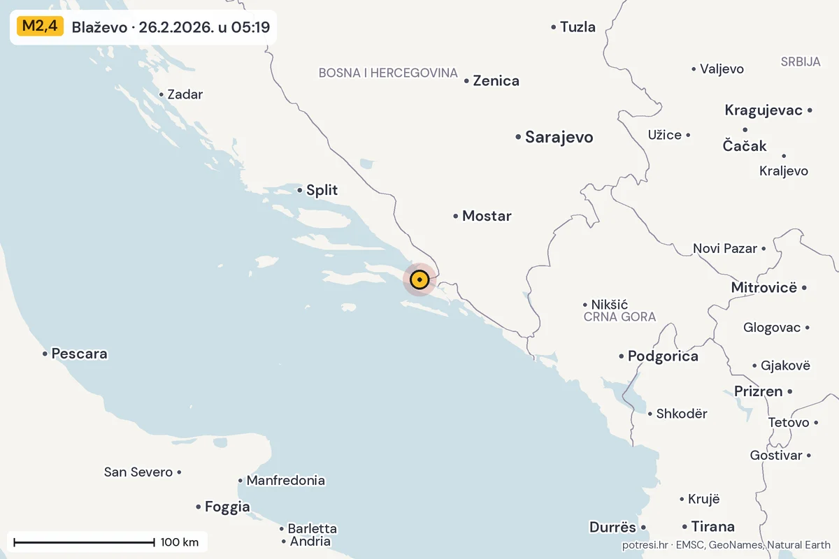 Karta: šire područje, 600 km, potres M2,4, Blaževo, 26.2.2026.