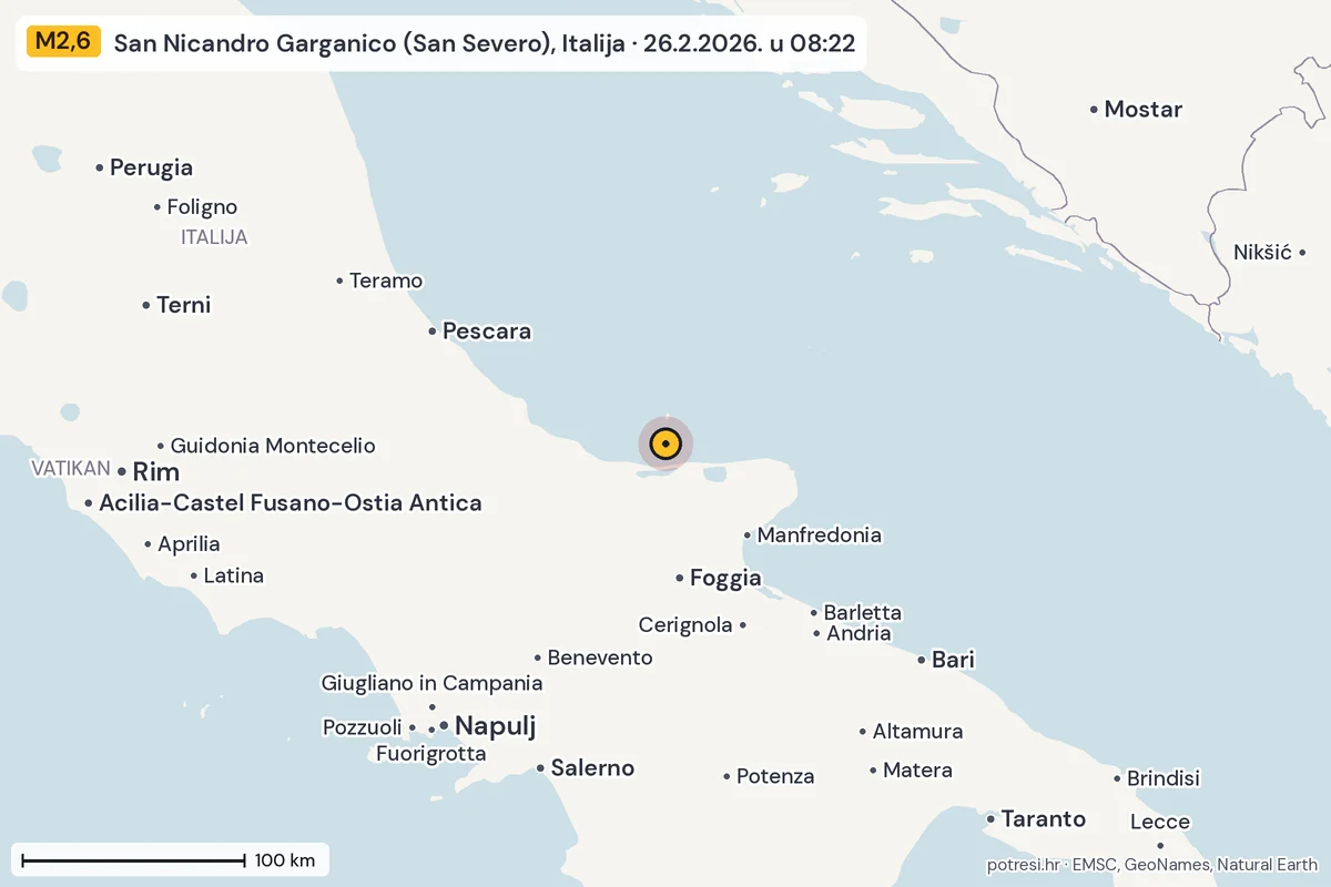 Karta: šire područje, 600 km, potres M2,6, San Nicandro Garganico (San Severo), Italija, 26.2.2026.