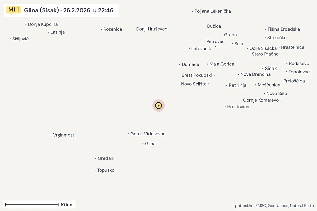 Karta: okolica epicentra, 60 km, potres M1,1, Glina (Sisak), 26.2.2026.