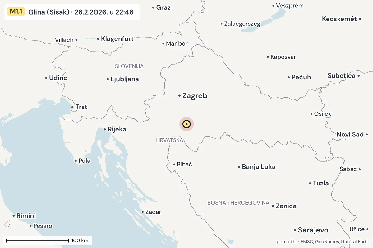 Karta: šire područje, 600 km, potres M1,1, Glina (Sisak), 26.2.2026.