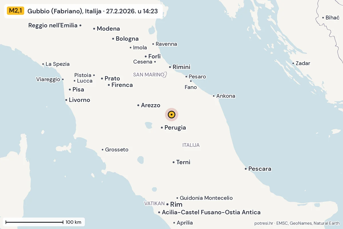 Karta: šire područje, 600 km, potres M2,1, Gubbio (Fabriano), Italija, 27.2.2026.