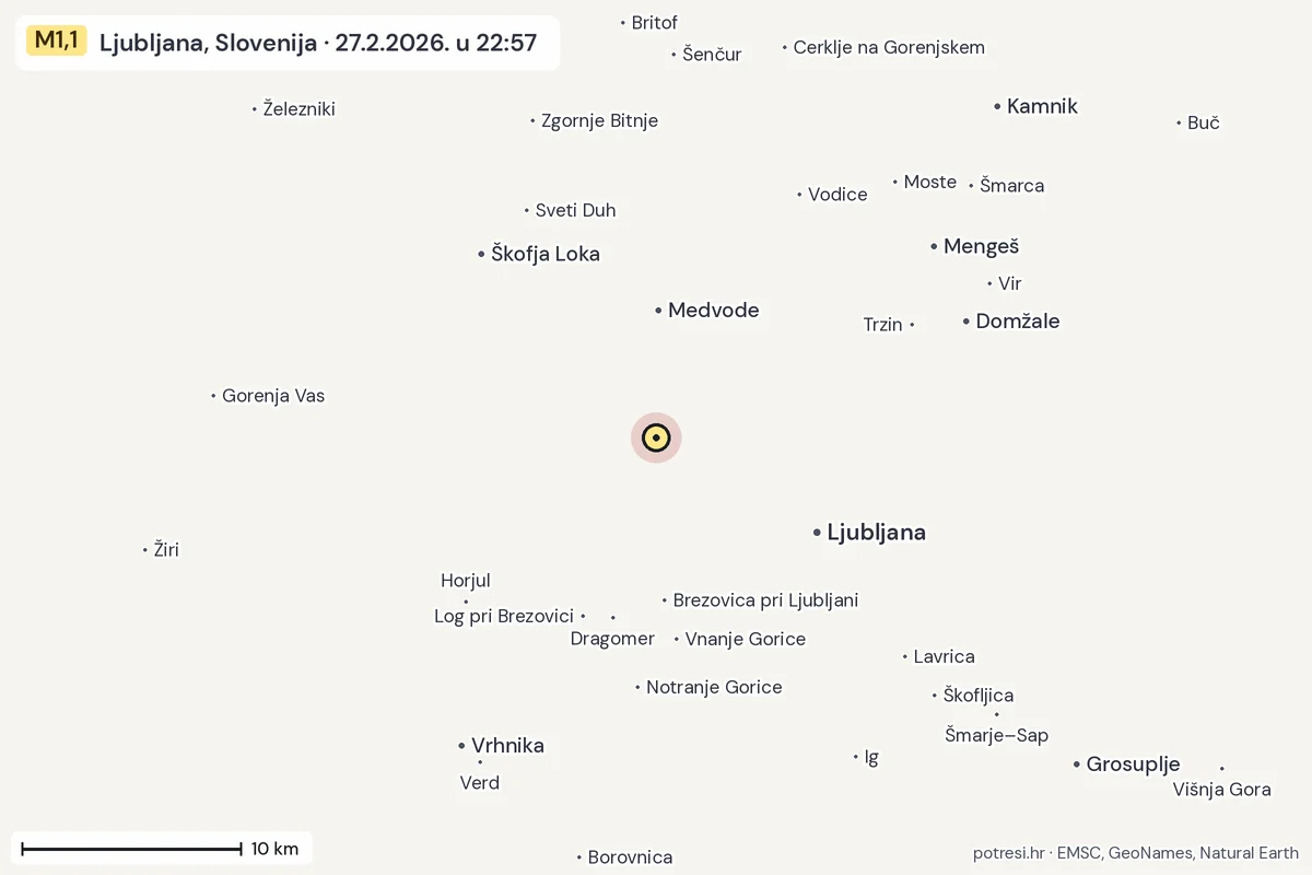 Karta: okolica epicentra, 60 km, potres M1,1, Ljubljana, Slovenija, 27.2.2026.