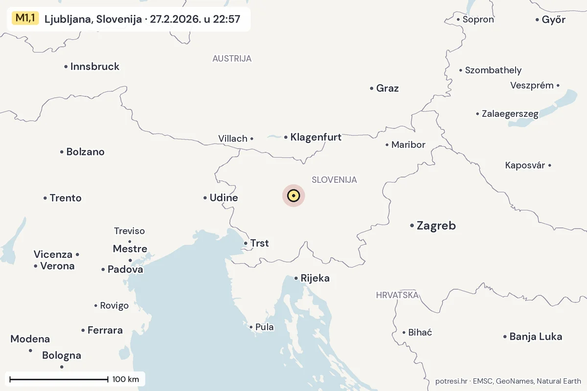 Karta: šire područje, 600 km, potres M1,1, Ljubljana, Slovenija, 27.2.2026.