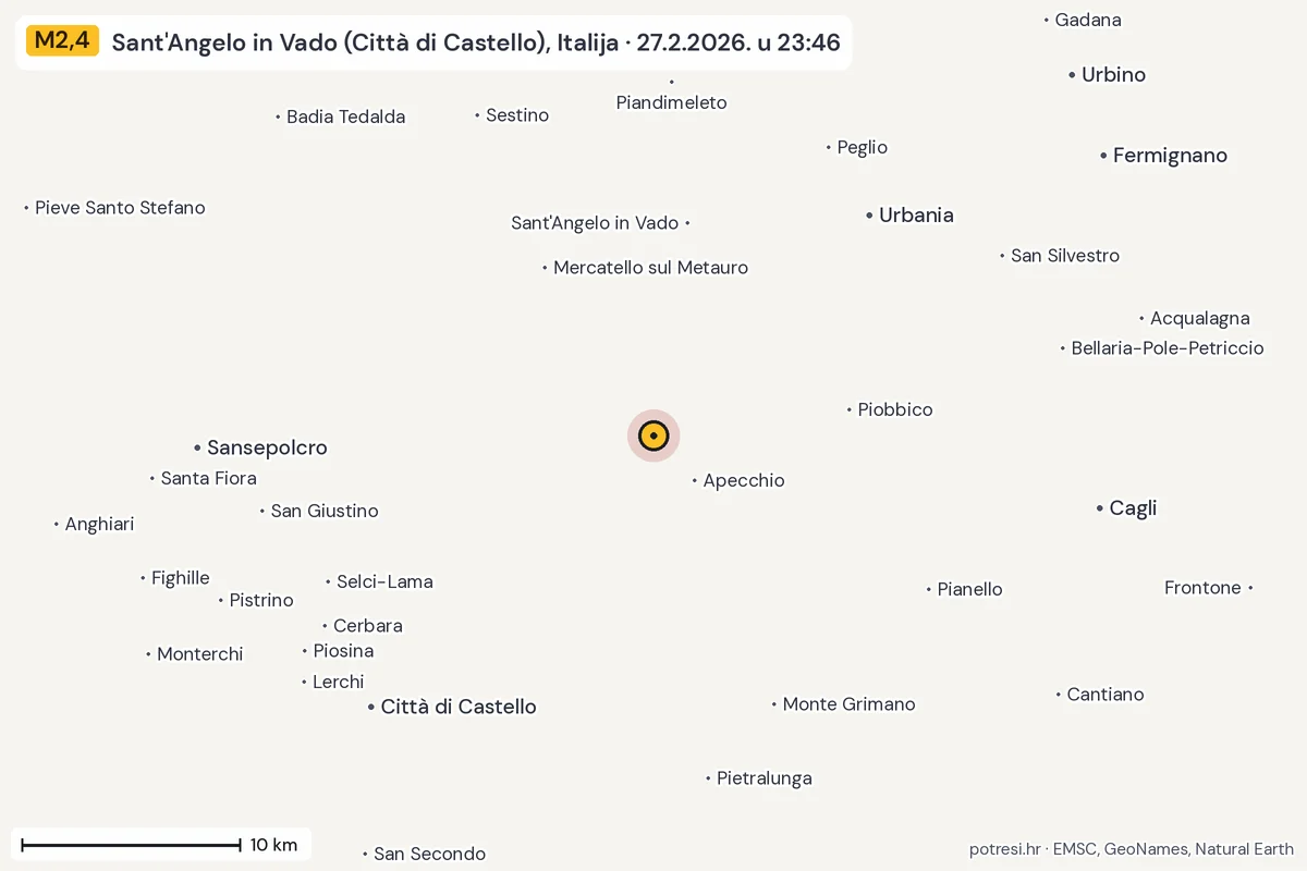 Karta: okolica epicentra, 60 km, potres M2,4, Sant'Angelo in Vado (Città di Castello), Italija, 27.2.2026.