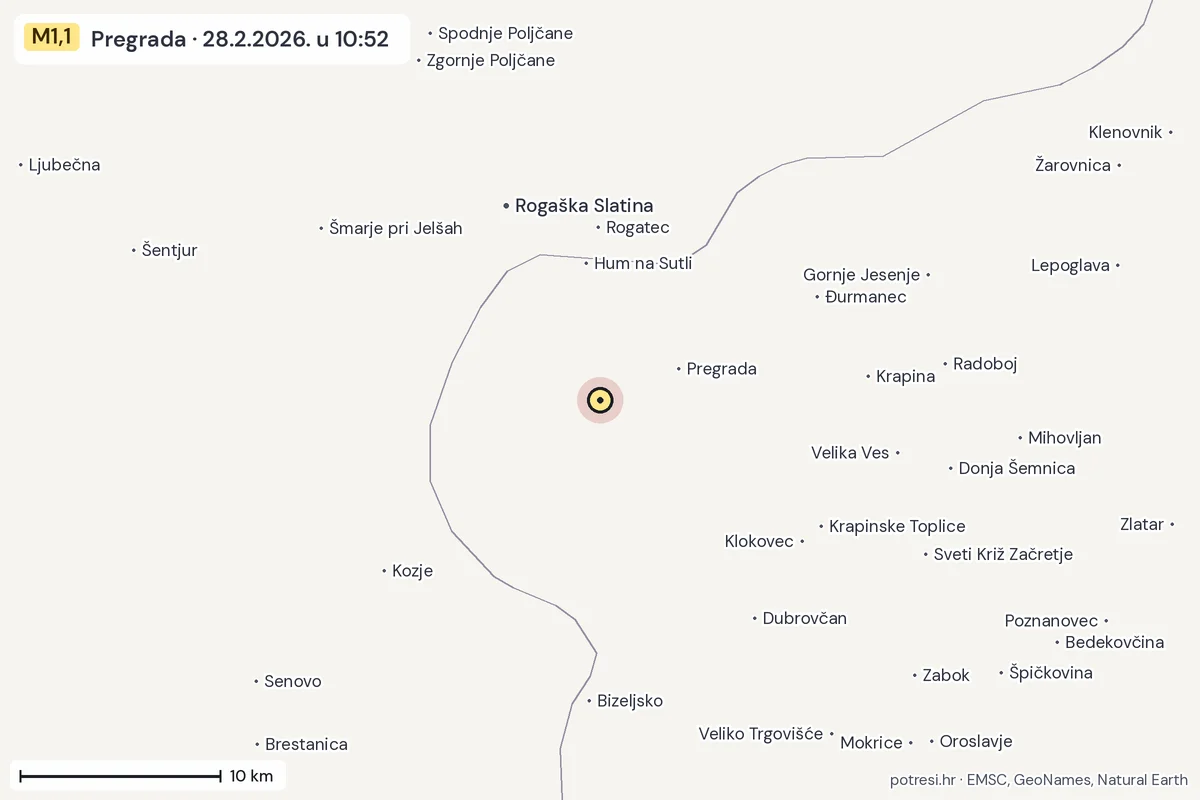 Karta: okolica epicentra, 60 km, potres M1,1, Pregrada, 28.2.2026.