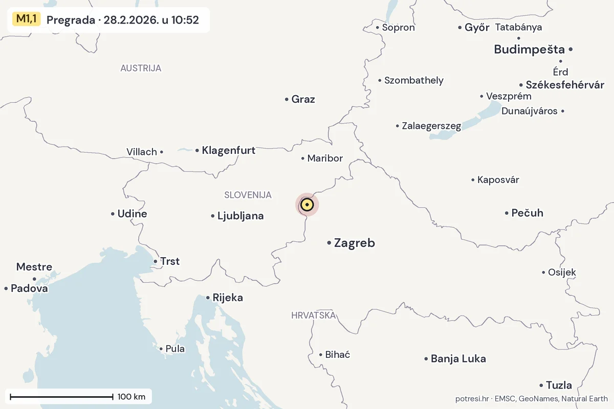 Karta: šire područje, 600 km, potres M1,1, Pregrada, 28.2.2026.