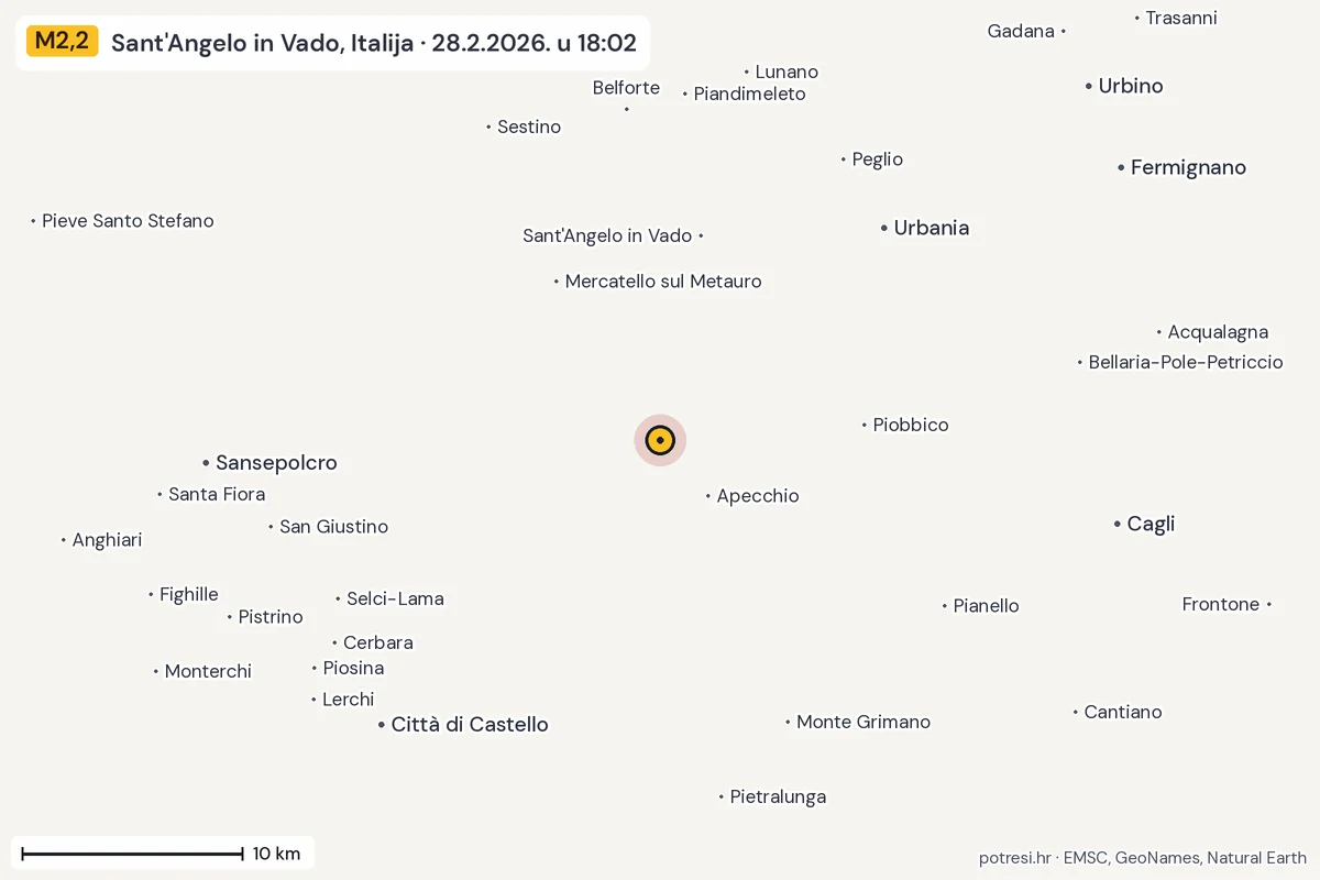 Karta: okolica epicentra, 60 km, potres M2,2, Sant'Angelo in Vado, Italija, 28.2.2026.