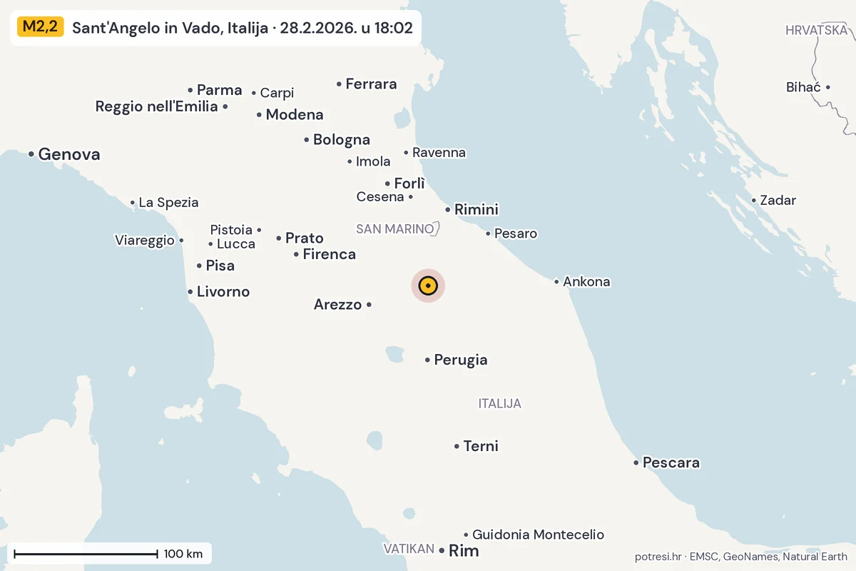 Karta: šire područje, 600 km, potres M2,2, Sant'Angelo in Vado, Italija, 28.2.2026.