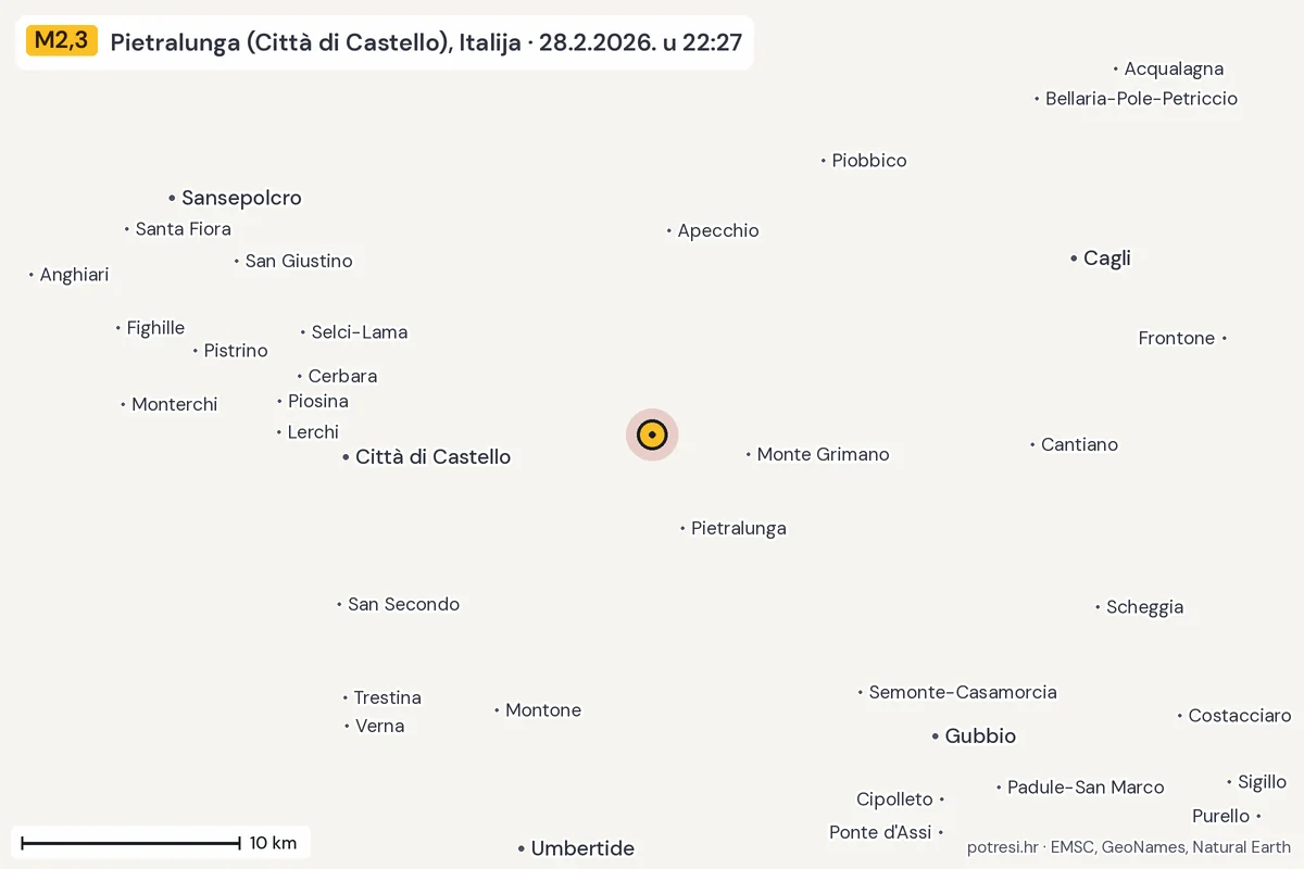 Karta: okolica epicentra, 60 km, potres M2,3, Pietralunga (Città di Castello), Italija, 28.2.2026.