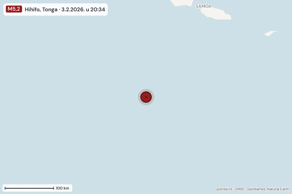 Karta: šire područje, 600 km, potres M5,2, Hihifo, Tonga, 3.2.2026.