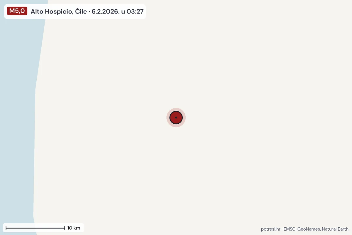 Karta: okolica epicentra, 60 km, potres M5,0, Alto Hospicio, Čile, 6.2.2026.