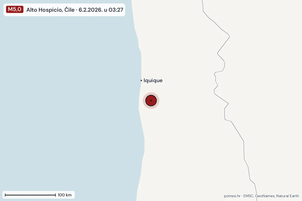 Karta: šire područje, 600 km, potres M5,0, Alto Hospicio, Čile, 6.2.2026.