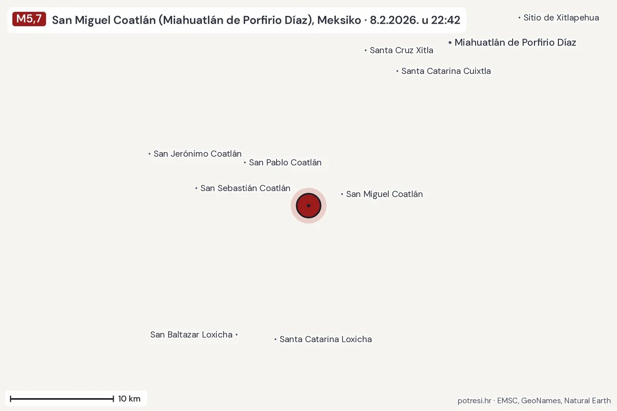 Karta: okolica epicentra, 60 km, potres M5,7, San Miguel Coatlán (Miahuatlán de Porfirio Díaz), Meksiko, 8.2.2026.