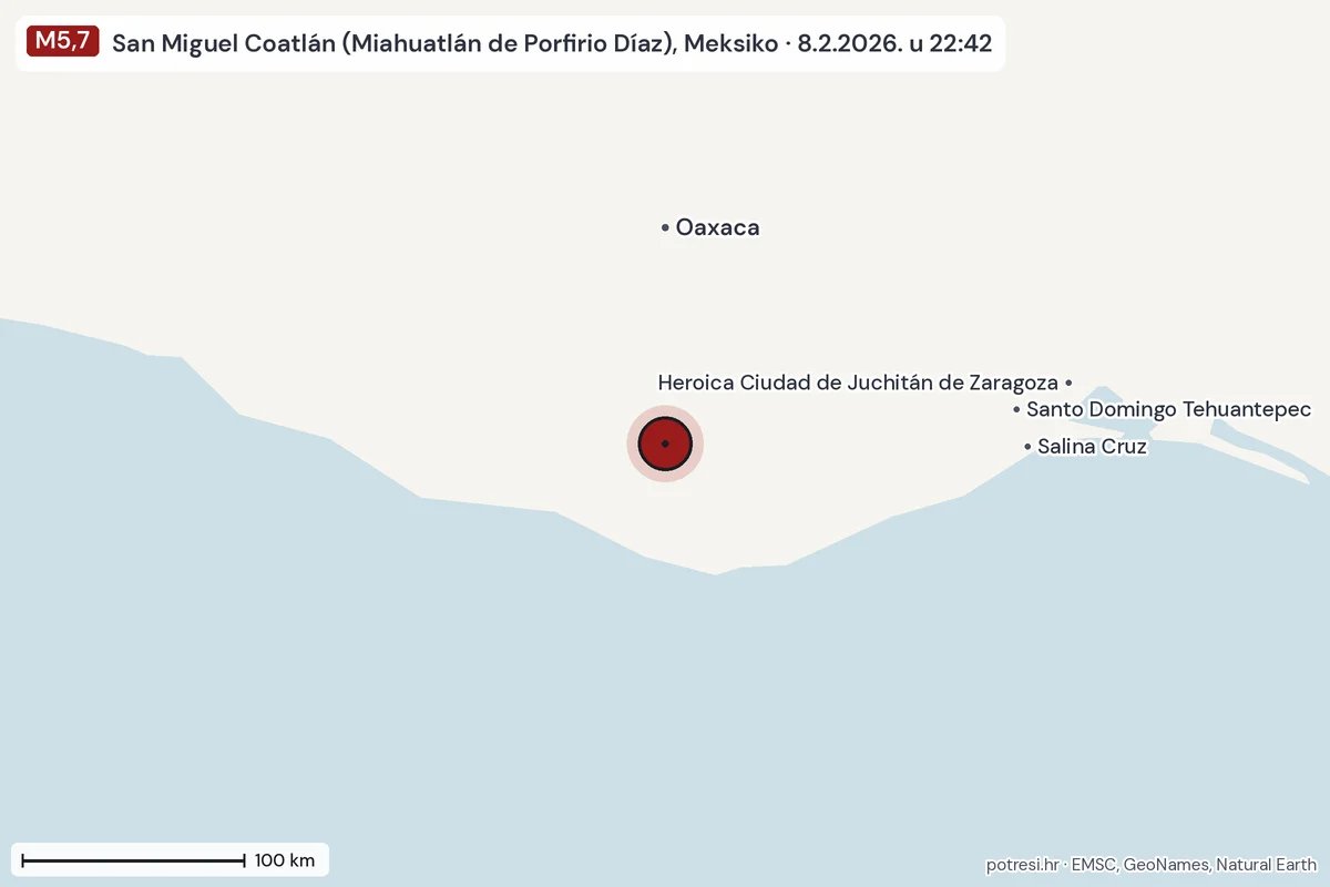 Karta: šire područje, 600 km, potres M5,7, San Miguel Coatlán (Miahuatlán de Porfirio Díaz), Meksiko, 8.2.2026.