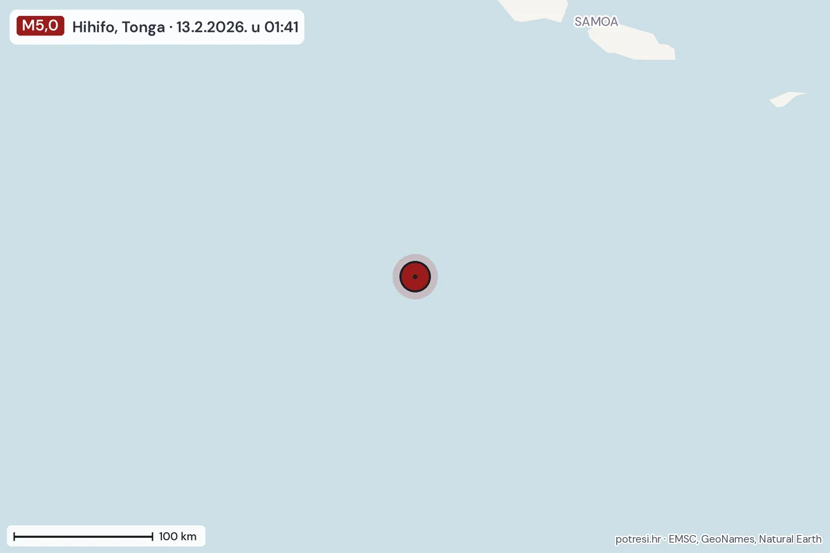 Karta: šire područje, 600 km, potres M5,0, Hihifo, Tonga, 13.2.2026.