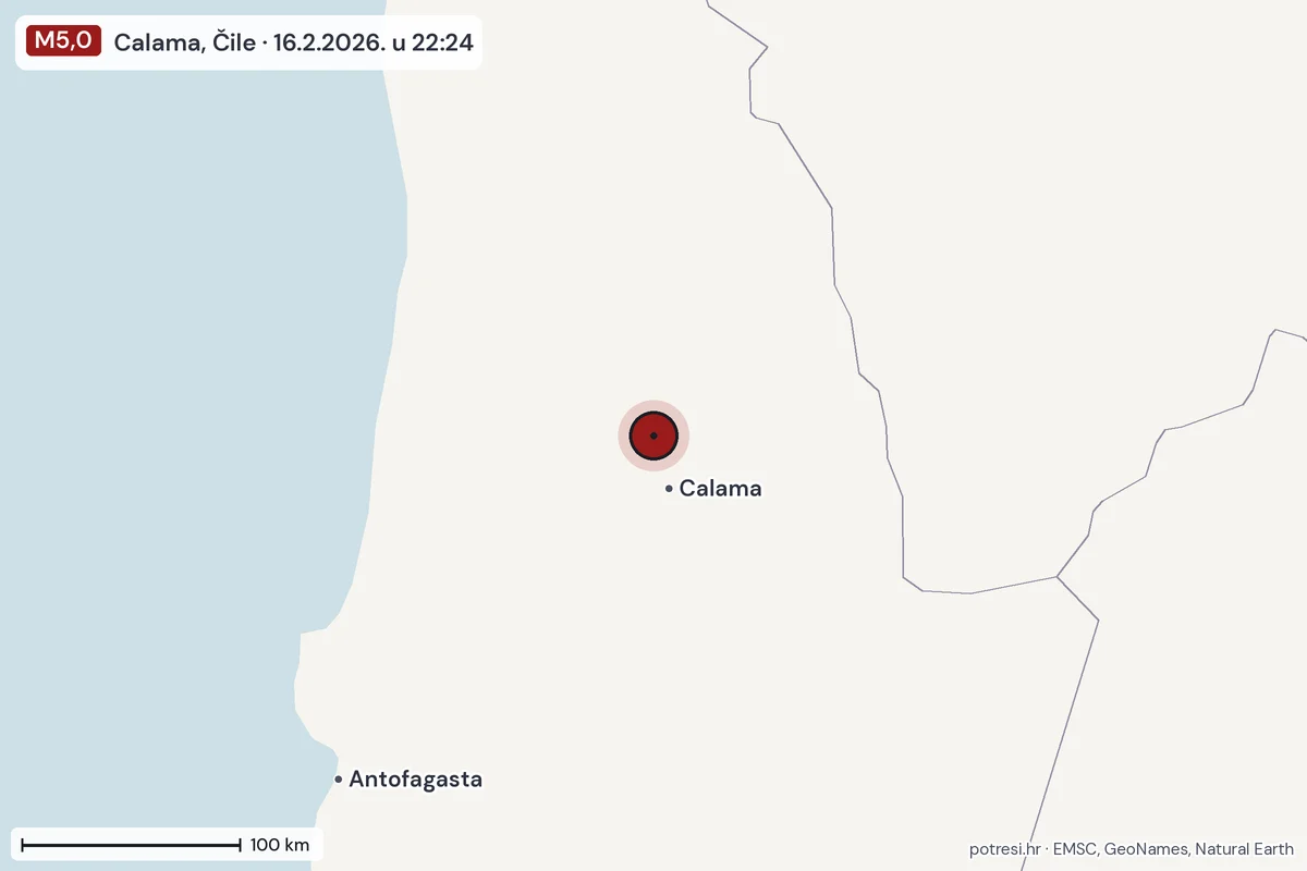 Karta: šire područje, 600 km, potres M5,0, Calama, Čile, 16.2.2026.