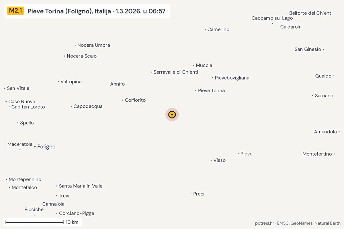 Karta: okolica epicentra, 60 km, potres M2,1, Pieve Torina (Foligno), Italija, 1.3.2026.