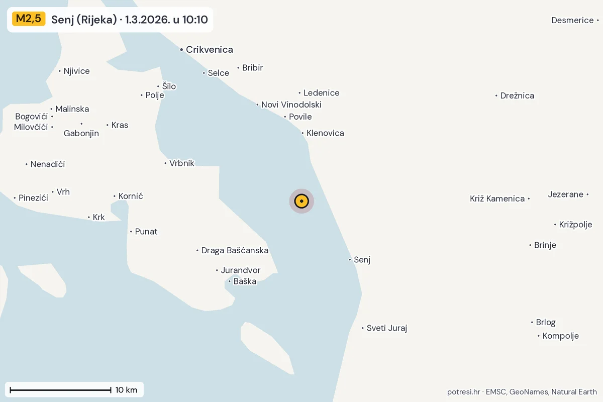 Karta: okolica epicentra, 60 km, potres M2,5, Senj (Rijeka), 1.3.2026.