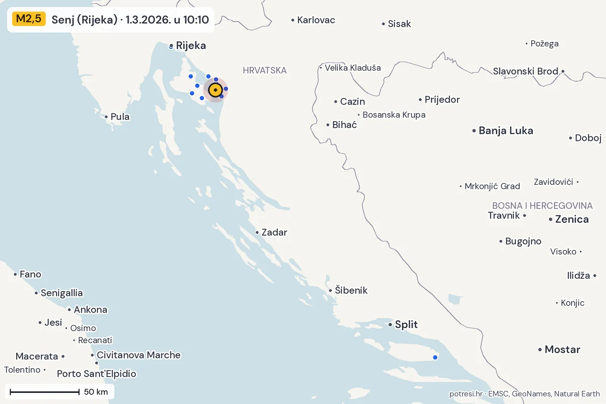 Karta: izvješća građana, potres M2,5, Senj (Rijeka), 1.3.2026.
