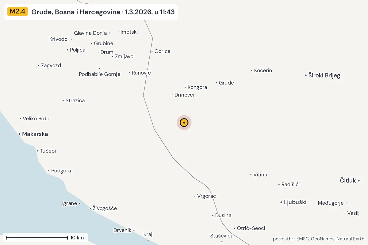 Karta: okolica epicentra, 60 km, potres M2,4, Grude, Bosna i Hercegovina, 1.3.2026.