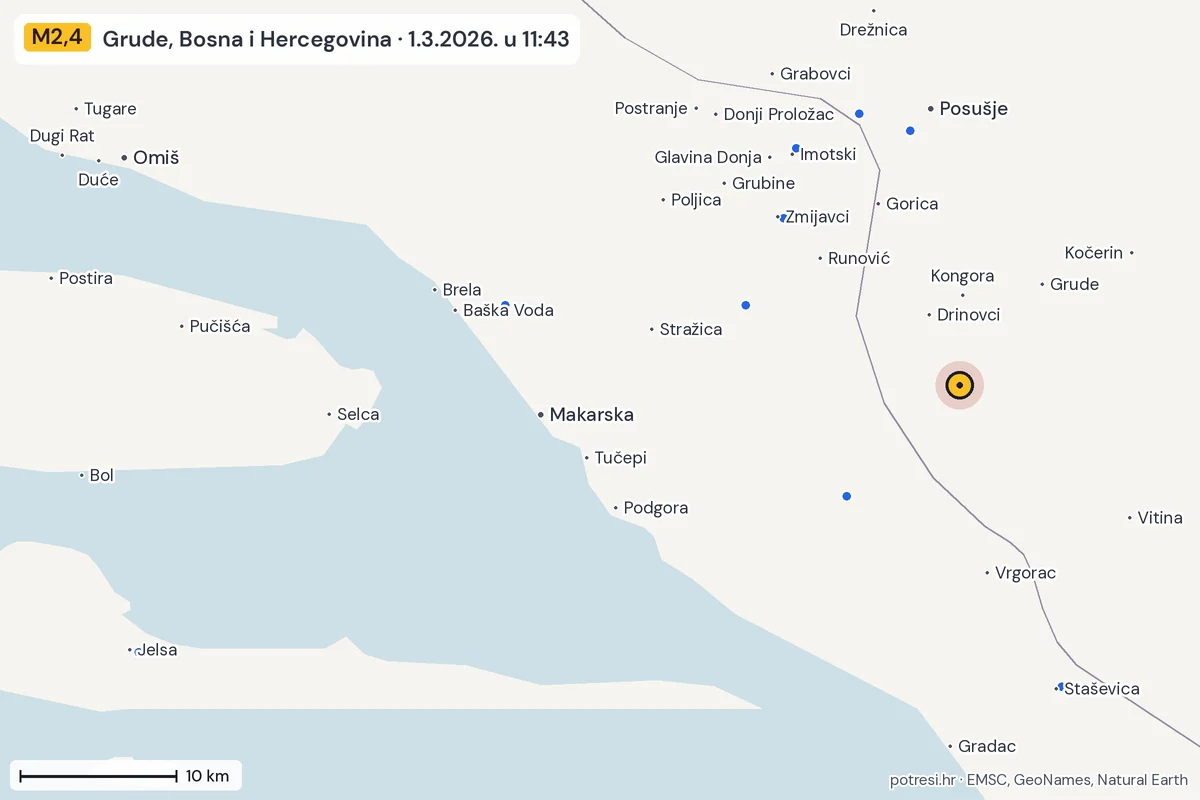 Karta: izvješća građana, potres M2,4, Grude, Bosna i Hercegovina, 1.3.2026.