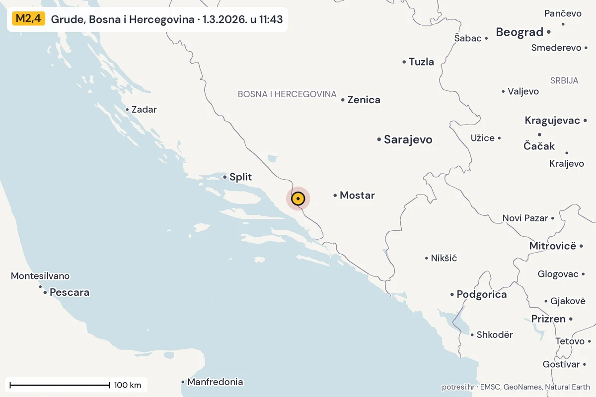 Karta: šire područje, 600 km, potres M2,4, Grude, Bosna i Hercegovina, 1.3.2026.