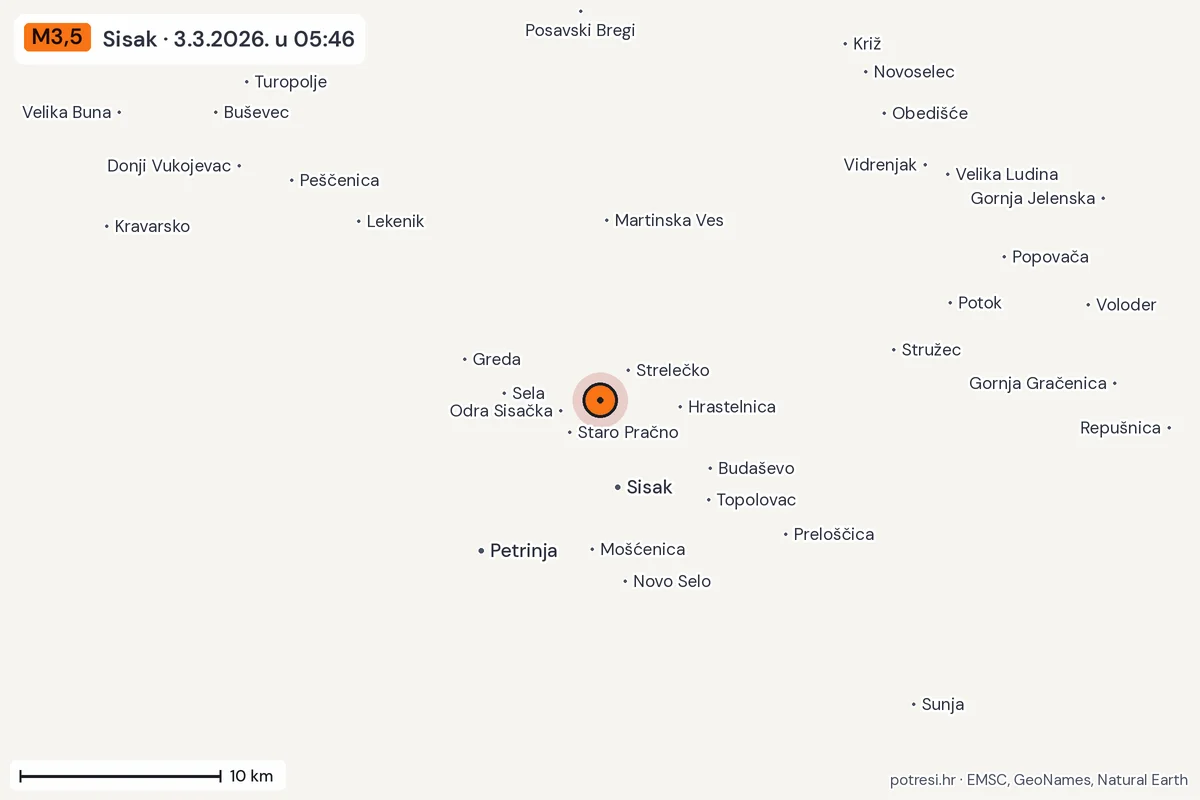 Karta: okolica epicentra, 60 km, potres M3,5, Sisak, 3.3.2026.