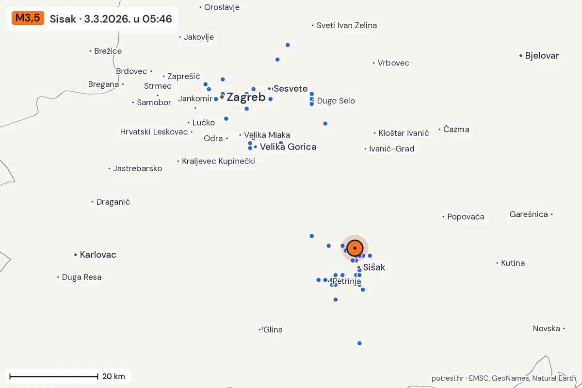 Karta: izvješća građana, potres M3,5, Sisak, 3.3.2026.