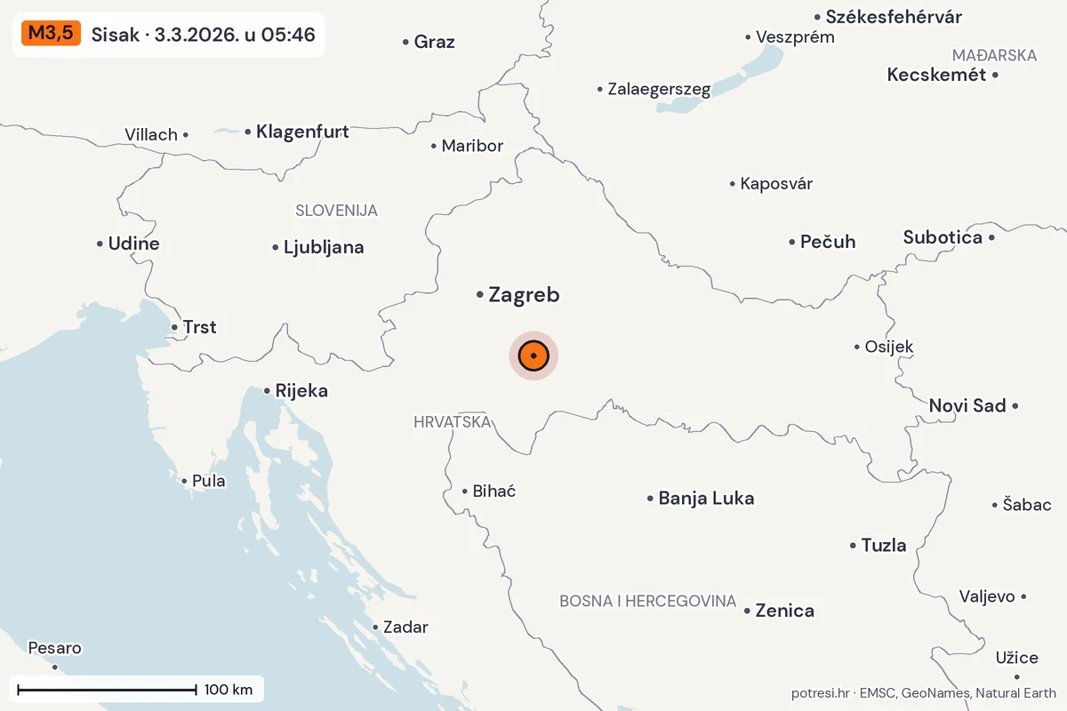 Karta: šire područje, 600 km, potres M3,5, Sisak, 3.3.2026.