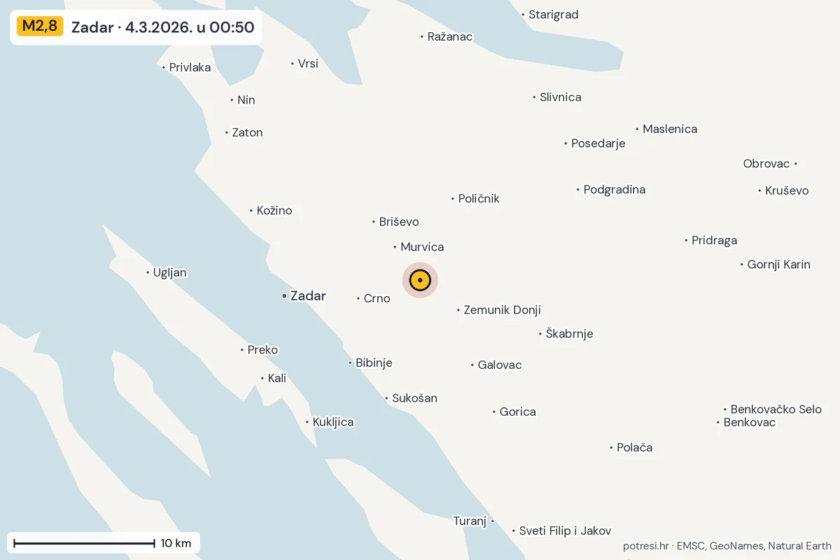 Karta: okolica epicentra, 60 km, potres M2,8, Zadar, 4.3.2026.