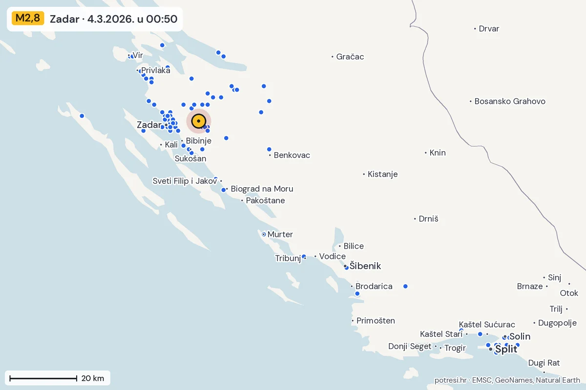 Karta: izvješća građana, potres M2,8, Zadar, 4.3.2026.