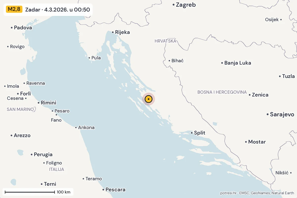 Karta: šire područje, 600 km, potres M2,8, Zadar, 4.3.2026.
