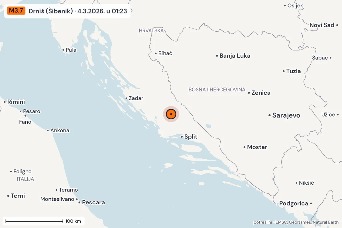 Karta: šire područje, 600 km, potres M3,7, Drniš (Šibenik), 4.3.2026.