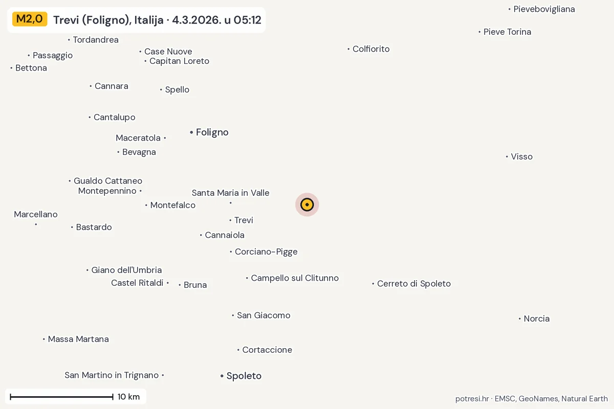 Karta: okolica epicentra, 60 km, potres M2,0, Trevi (Foligno), Italija, 4.3.2026.