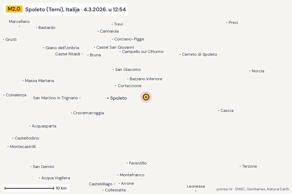 Karta: okolica epicentra, 60 km, potres M2,0, Spoleto (Terni), Italija, 4.3.2026.