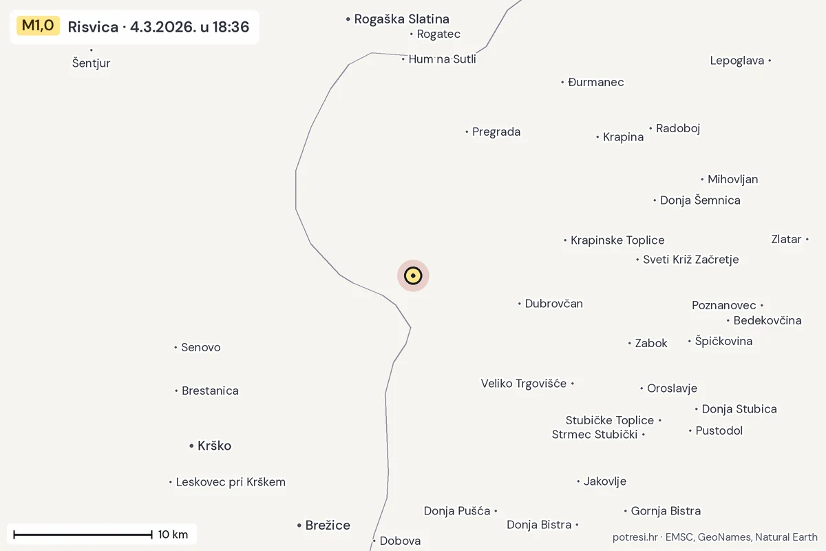 Karta: okolica epicentra, 60 km, potres M1,0, Risvica, 4.3.2026.