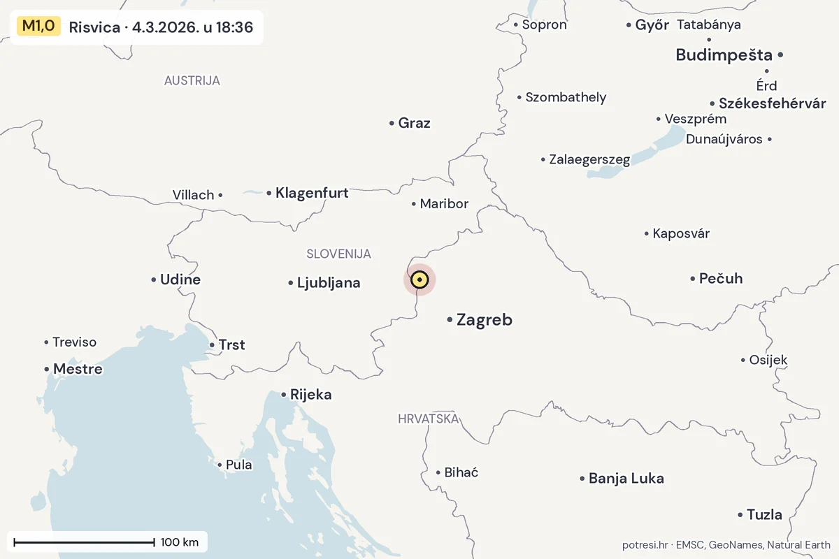 Karta: šire područje, 600 km, potres M1,0, Risvica, 4.3.2026.