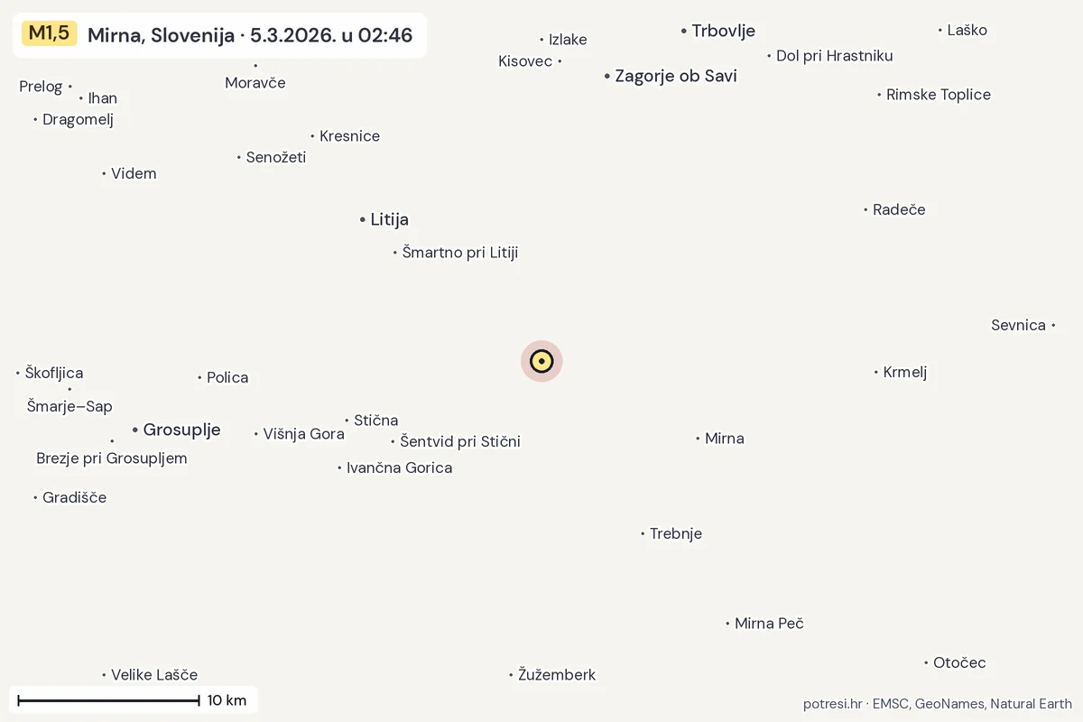 Karta: okolica epicentra, 60 km, potres M1,5, Mirna, Slovenija, 5.3.2026.