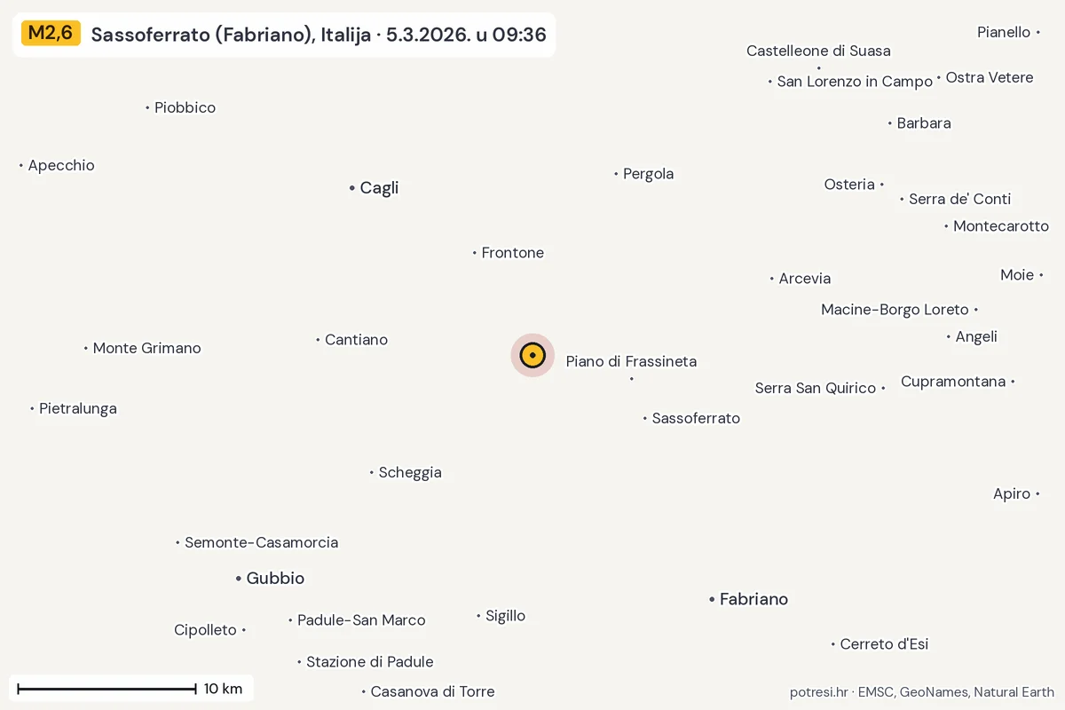 Karta: okolica epicentra, 60 km, potres M2,6, Sassoferrato (Fabriano), Italija, 5.3.2026.