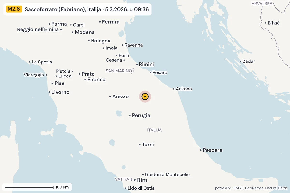 Karta: šire područje, 600 km, potres M2,6, Sassoferrato (Fabriano), Italija, 5.3.2026.