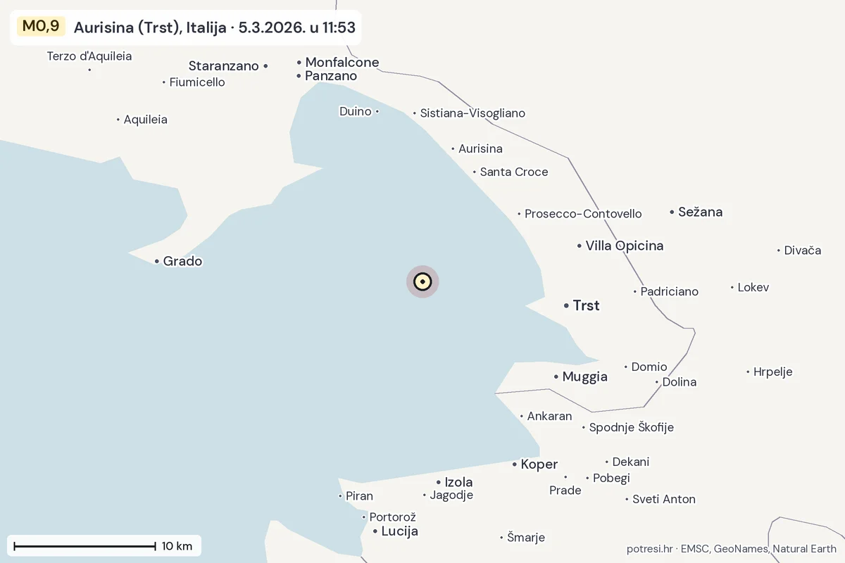 Karta: okolica epicentra, 60 km, potres M0,9, Aurisina (Trst), Italija, 5.3.2026.
