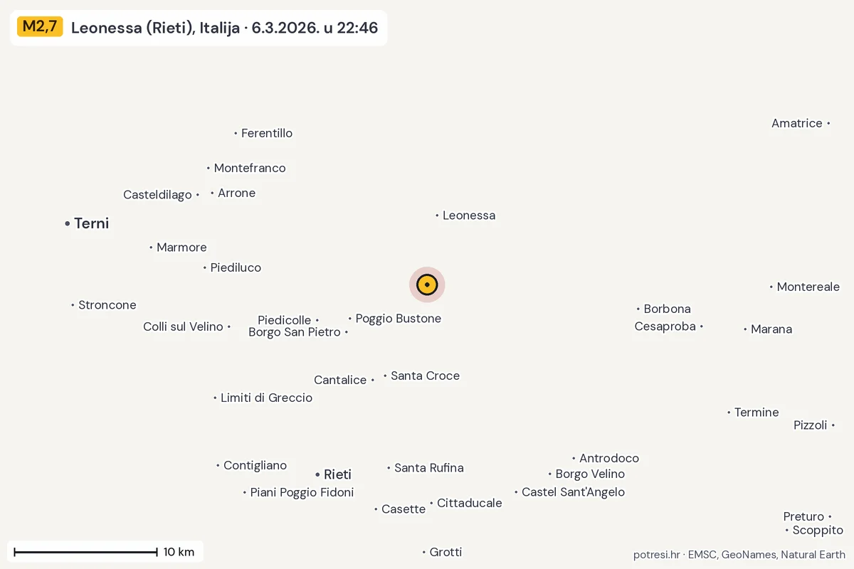 Karta: okolica epicentra, 60 km, potres M2,7, Leonessa (Rieti), Italija, 6.3.2026.