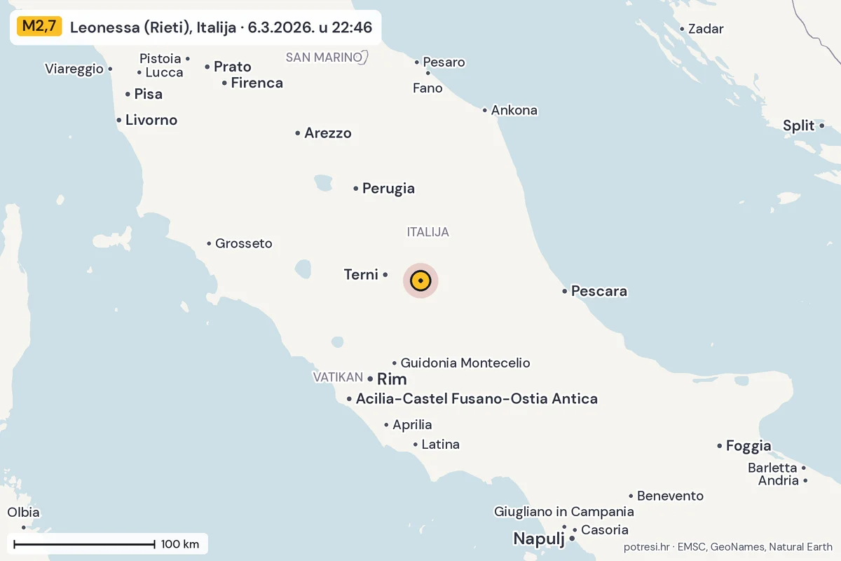 Karta: šire područje, 600 km, potres M2,7, Leonessa (Rieti), Italija, 6.3.2026.